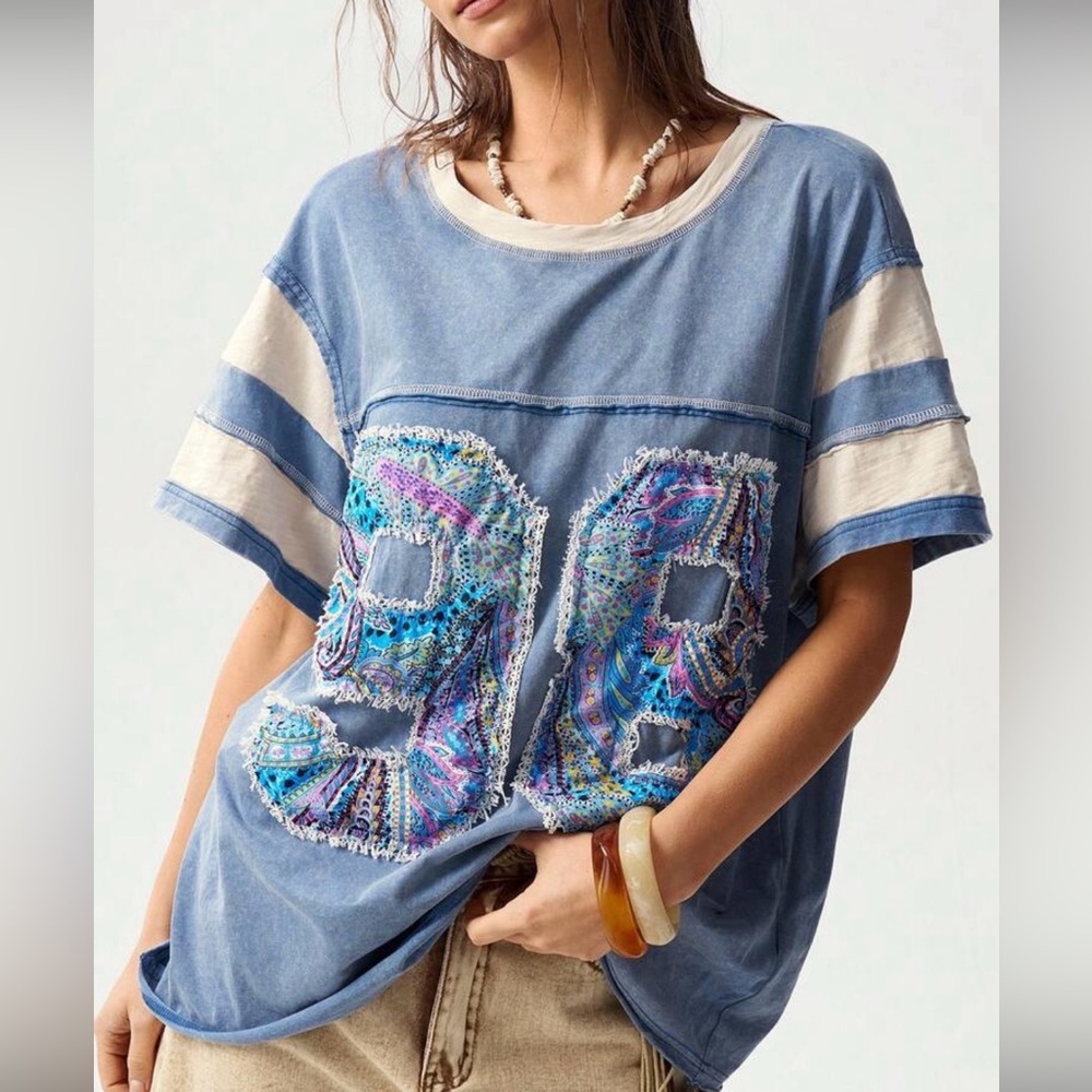 Patchwork boho Blue Graphic Patchwork '98’ Short Sleeve multicolor  Top